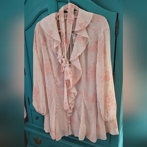Free People Pale Pink Floral Ruffle Tie-Neck Blouse